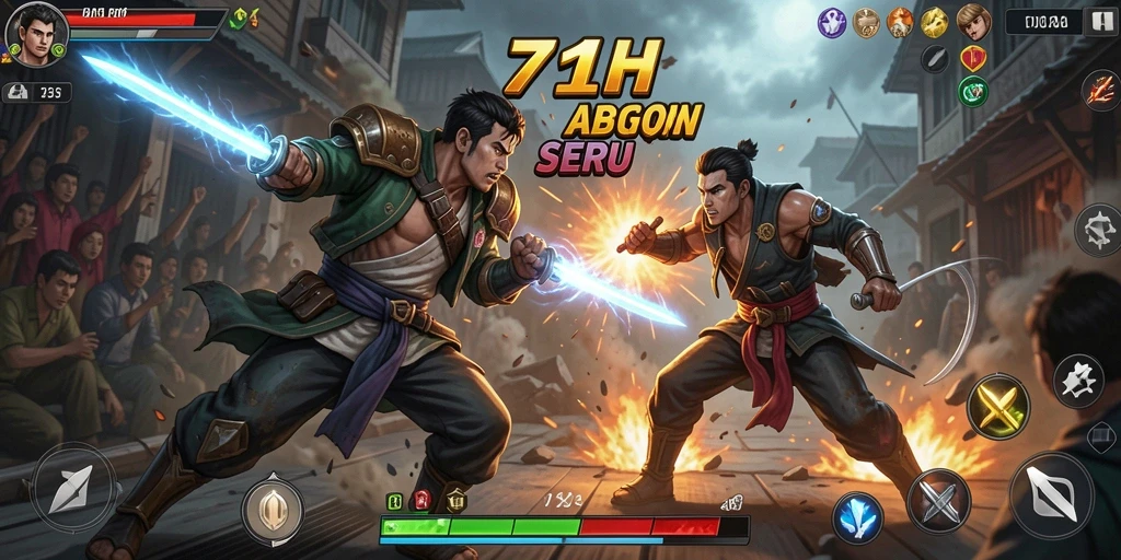 Screenshot utama 71H menampilkan pertarungan dengan karakter yang dinamis.
