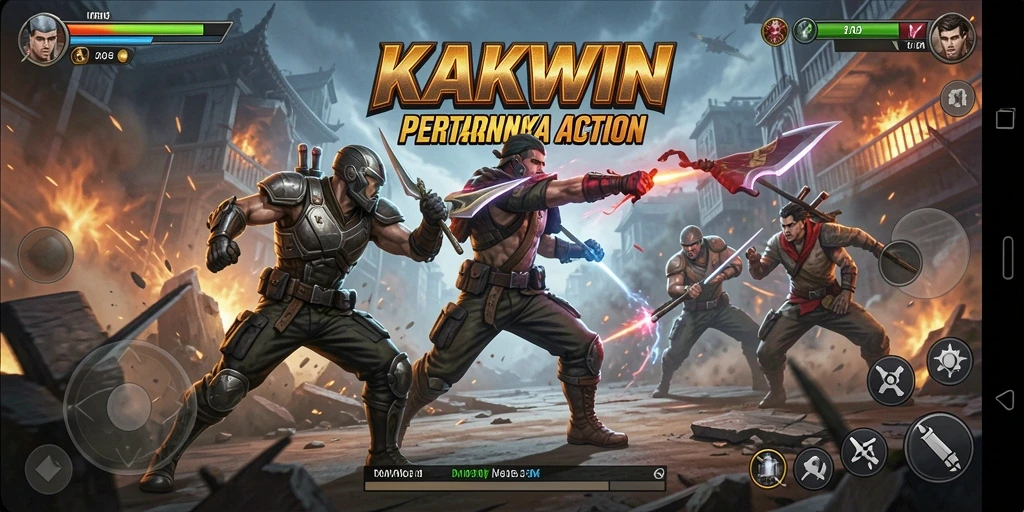 Screenshot utama KAKWIN menampilkan momen pertarungan seru dengan karakter yang dinamis.