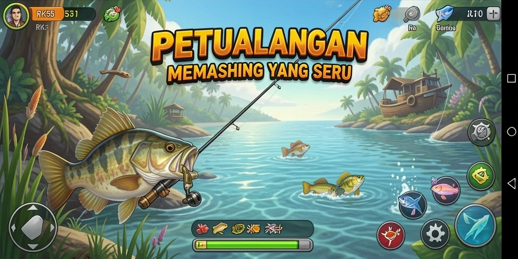 Screenshot gameplay RK55 dengan aksi memancing yang seru.