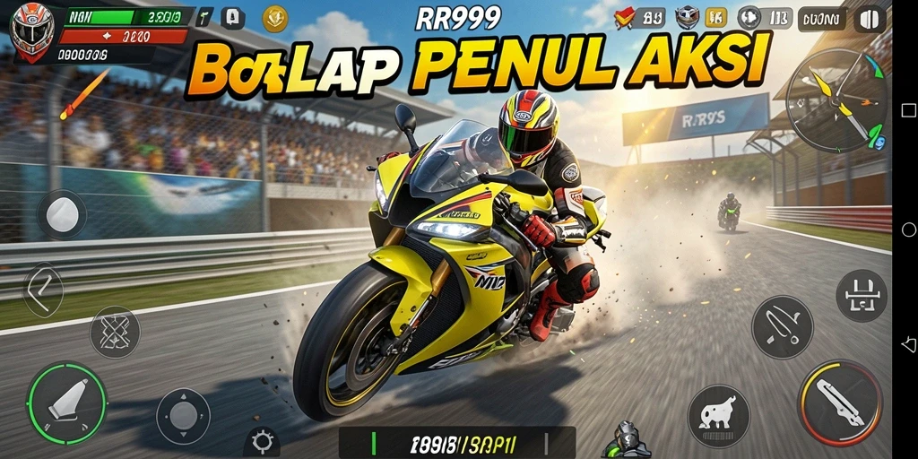 Screenshot gameplay RR999 dengan aksi balapan motor yang mendebarkan.