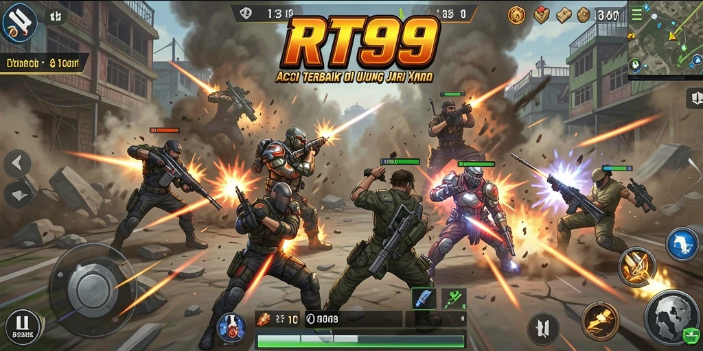Screenshot utama RT99 menampilkan aksi pertarungan seru dan mendebarkan.