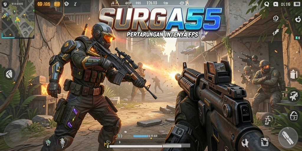Screenshot dari gameplay SURGA55 menampilkan aksi menembak yang mendebarkan.