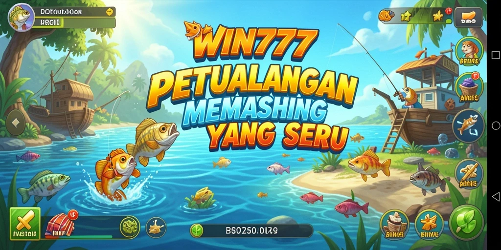 Tampilan gameplay WIN777 dengan aksi memancing yang seru dan ikan yang berwarna-warni.
